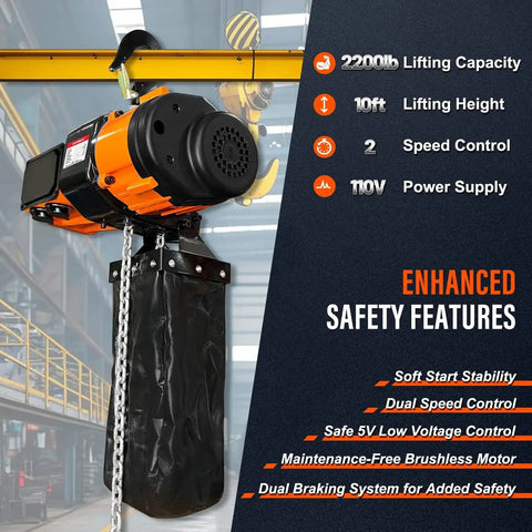 Electric Chain Hoist 2200lb With 2 Speed 120V Brushless Motor And 10ft G80 Chain in a workshop setting
