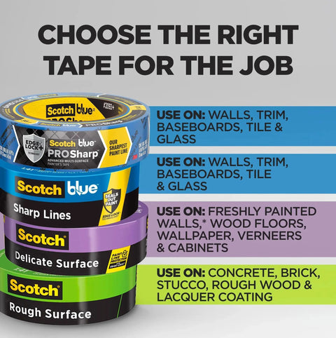 Stack of various Scotch tapes with labels showing recommended surfaces, promoting Multi Surface Painter Tape 1 Inch Wide Blue Masking Tape.