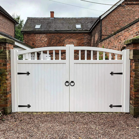 White wooden gate with Rustic Matte Black 8 Inch Decorative Barn Door Bracket I Shape Dummy Gate Hinge, farmhouse style setting