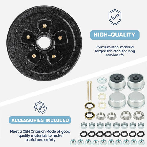 Trailer Axle Electric Brake Kit For 3500 Pound Axles Pair Of Five Hole Four And A Half Inch Bolt Circle Ten Inch By Two And A Quarter Inch Self Adjusting Electric Brakes Heavy Duty Replacement Ten Inch Brake Hub Drum Assembly, includes parts and accessories on display.