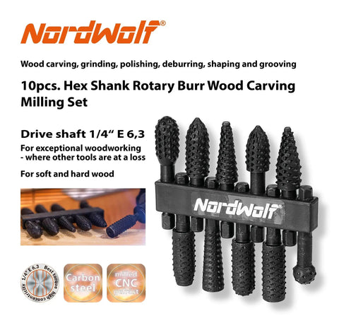 Pro Grade 10-Piece Rotary Burr Wood Carving Rasp Files Set With One Quarter Inch Hex Shank For Wood Deburring, Shaping And Grooving NordWolf High Carbon Steel Construction displayed in holder