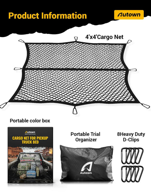 Heavy Duty Truck Bed Cargo Net Stretchable From 4x4 To 7x7 In 1x1 Inch Mesh With 8 Metal Carabiners Keeps ATV SUV UTV Boat Gear Secure On Road And Trails AUTOWN displayed in black with eight metal clips.