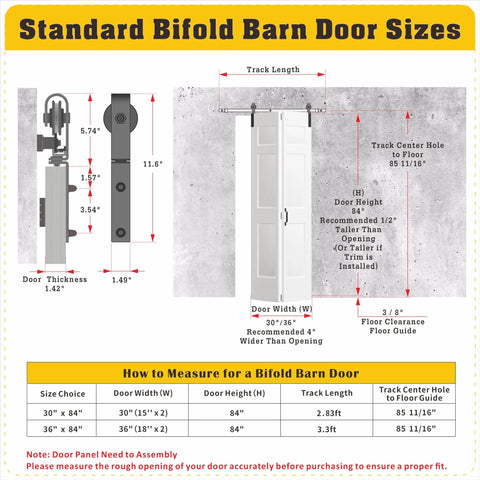 Diagram showing standard size measurements for Go-To Space Saver Bifold Barn Door Kit 30 Inch Wide with installation guide.