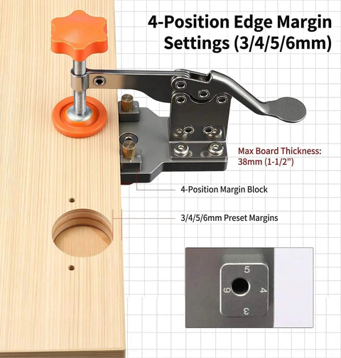 35mm Concealed Hinge Jig System for Cabinets showing 4-position edge margin settings with secure clamp on wooden board
