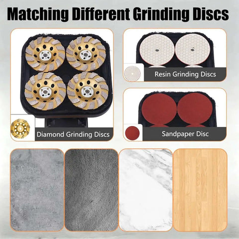 Diamond, resin, and sandpaper grinding discs for Beast Concrete Floor Grinder 4 Head 3800W With Extendable Rod, shown with floor surfaces.