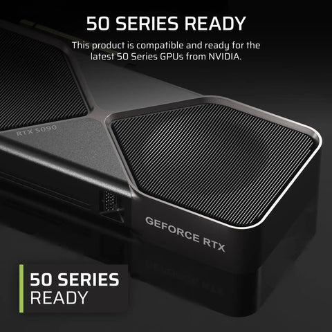 Close-up of NVIDIA GeForce RTX graphics card, highlighting 50 series readiness and compatibility for latest GPUs.