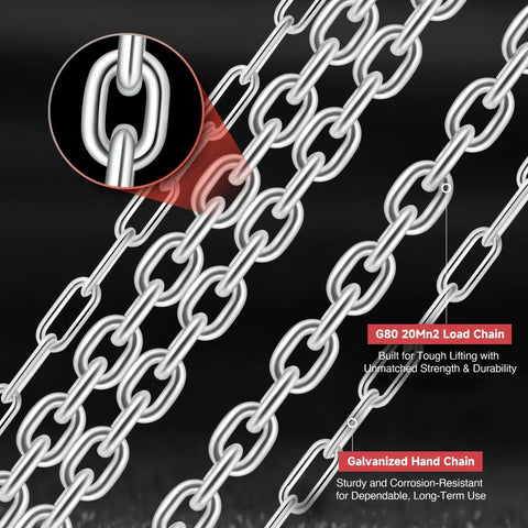 Close-up of galvanized hand chain with G80 load chain for heavy duty manual lever hoist, showcasing construction and industrial strength.