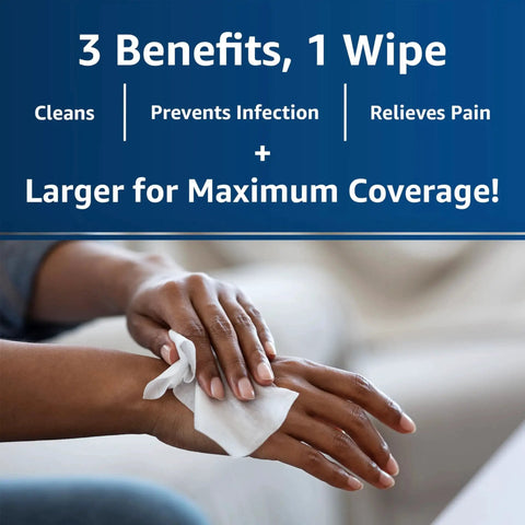 Person using On The Go Medicated Wound Wipes with Sting Free Formula for minor cuts scrapes and burns Dermoplast Medicated Antiseptic Wipes