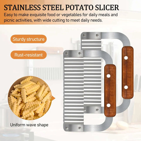 Crinkle Cutter Wave Slicer Set Of 2 For Potatoes And Veggies By HOLEPU with stainless steel blades and wooden handles displayed.
