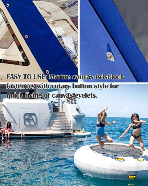 Beefy Twist Lock Common Sense Fasteners For Marine Use by Nerites installed on a boat window and children playing on water inflatable