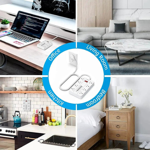 Power Strip With USB Ports And Surge Protector, Flat Plug, Eight Widely Spaced Outlets And Six USB Ports Including USB C, Five Foot Cord, Wall Mountable Charging Hub For Your Phone Tablet Laptop And Other Gear shown in various room settings
