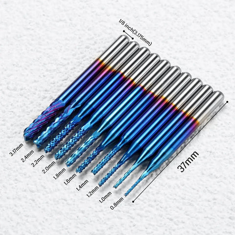 Pro Grade Nano Blue Coat End Mills Set For CNC Router Bits, 10Pcs From 0.8mm To 3.0mm Cutting Diameter with 1/8 Inch Shank