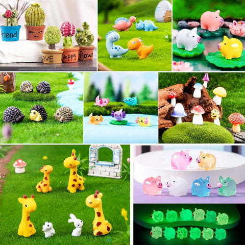 Collage of playful garden figurines including giraffes, hedgehogs, dinosaurs, and pigs in various colorful settings.