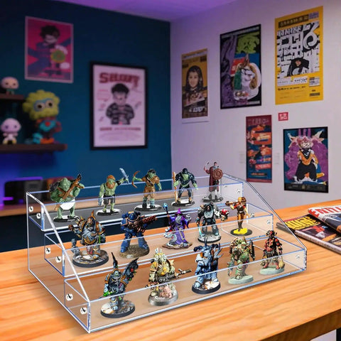 Clear Acrylic Miniature Display Shelf 2.75 Inch Wide Three Tier Stand For Figures, Vinyl Toys, Dolls And Jewelry on desk