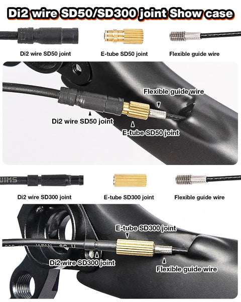 Internal cable routing kit for bike frame; orange magnetic flexible guide wire with SD50/SD300 joints installed on frame
