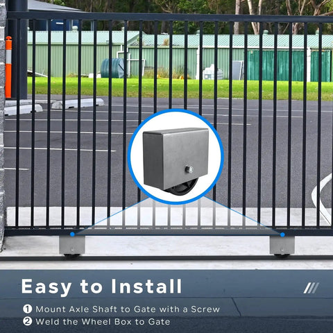 Heavy Duty V Groove Wheel With Box 6 By 2 Cast Iron Gate Track Wheel Beefy 1000 Lb Capacity For V Track Rail, installed on gate