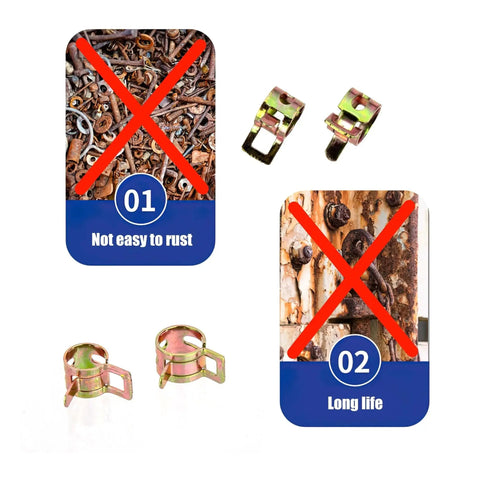 150 Pcs Spring Hose Clamps Kit For Fuel Line And Vacuum Hose Includes rustproof clamps against rusted examples, highlighting durability.