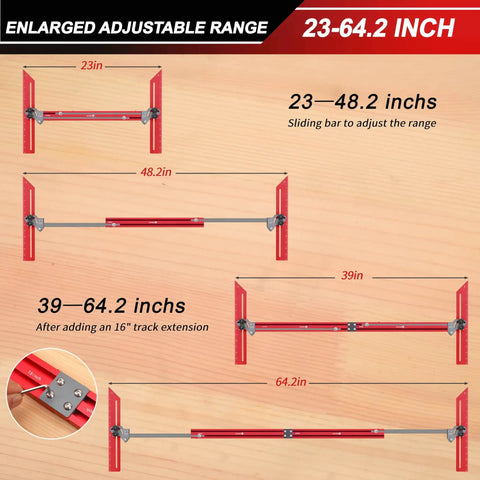 Pro Grade Stair Tread Template Tool with adjustable 23 to 64.2 inch bar and dual knobs for precise measurements and transfers.