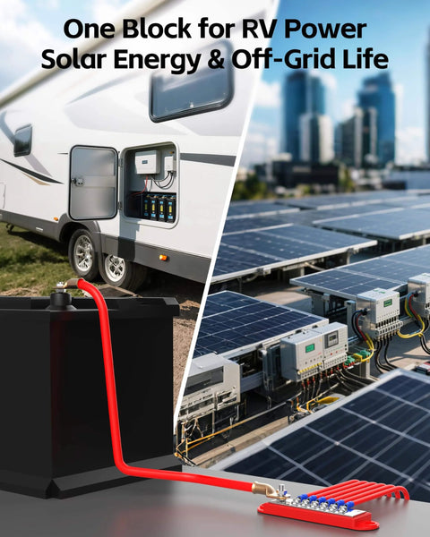 Beefy 150 Amp 12V Marine Bus Bar Power Distribution Block installed in RV and solar panel systems, highlighting power and grounding applications.