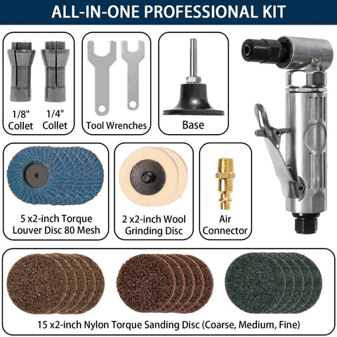 Right Angle Air Die Grinder Kit With Twenty Two Roll Lock Two Inch Sanding Discs And Quarter Inch Pneumatic Die Grinder Tool Mini Angle Grinder For Grinding Polishing Deburring In Tight Spaces Up To 20000 RPM And 90 Degree Head Design alongside tools, base, discs, and air connector.