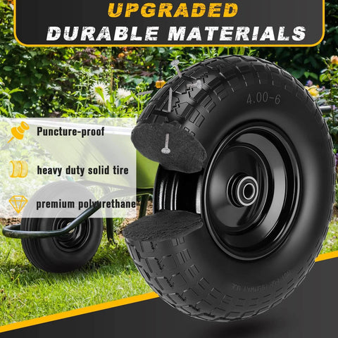 Close-up of No Flat 4 To 6 Wheel And Tire Set With 13 Inch Wheels Solid Foam Filled Tires For Wheelbarrows Garden Carts Wagons Dollies And Hand Trucks Two Pack Black, featuring puncture-proof design and durable materials