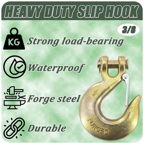 3/8 inch heavy duty slip hook with safety latch, featuring strong load-bearing, waterproof forged steel, and durable design.