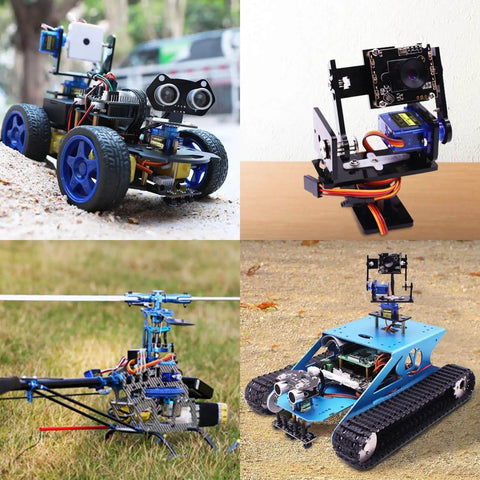 Collage of Arduino projects using 9G Micro Servo Motor SG90 Metal Gear, including RC car, robot arm, drone, and tank
