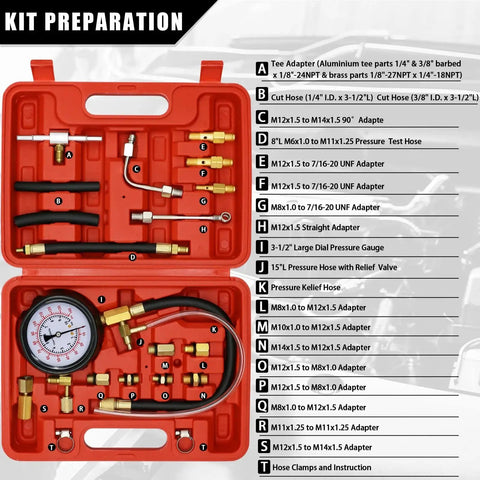 Universal Fuel Pressure Tester Kit For Cars Trucks Motorcycles 0-140 PSI with hoses and adapters in open red case
