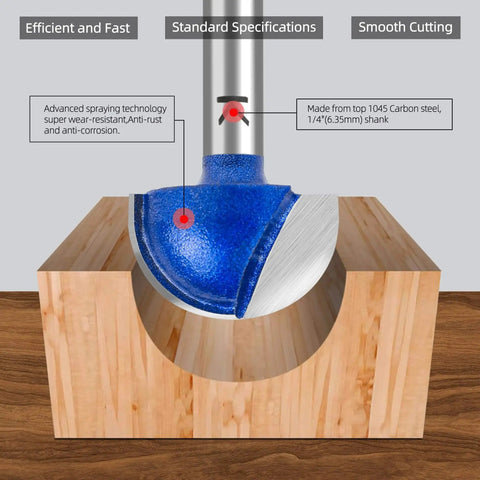 Close-up of 8 Piece Cove Box Round Nose Router Bit Set With 1 Quarter Inch Shank Carbide Tipped Core in wood material
