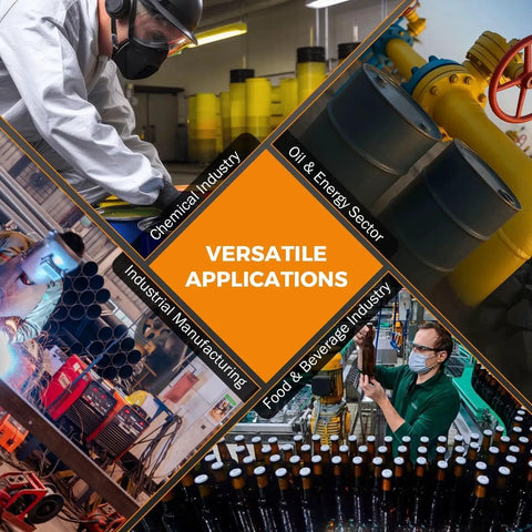 Collage highlighting versatile applications in chemical, energy, industrial manufacturing, and food sectors with equipment and workers.