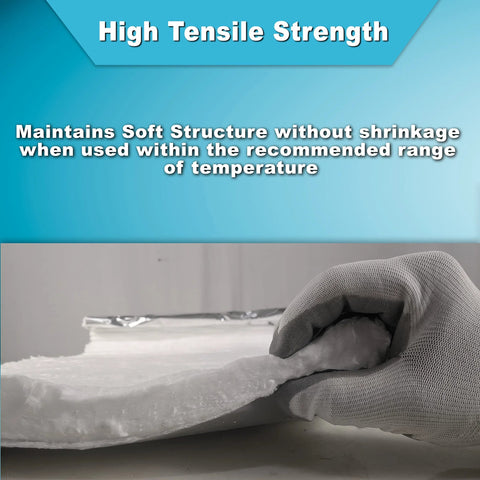 Ceramic fiber blanket with aluminum foil facing, 1/2 in thick white insulation held by gloved hand.