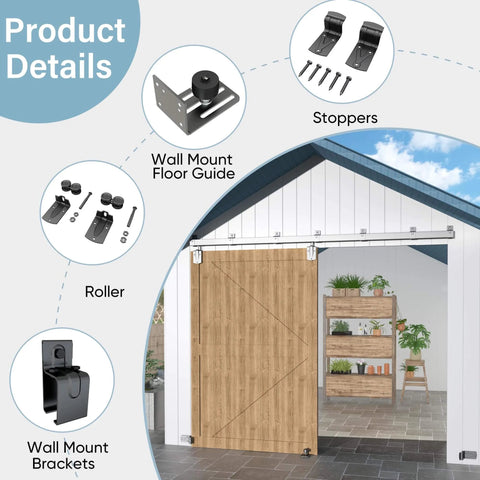 12 Ft Heavy Duty Exterior Barn Door Hardware Kit For Outdoor Use, Box Rail System With 450 Lb Capacity, Silver Finish, Shown Installed