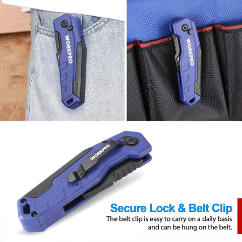 Folding Utility Knife With Quick Change Blades Aluminum Handle Box Cutter clipped to pocket and tool pouch