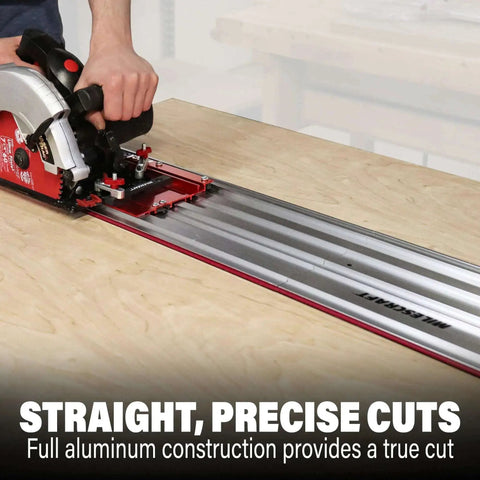 Person using Universal Track Saw Guide For 7-1/4 Inch Circular Saws With 50 Inch Cutting Range And 2 Inch Depth Aluminum Construction