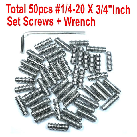 Fifty Pack Stainless Steel Hex Socket Set Screws One Quarter Twenty By Three Quarter Inch Length With Allen Head And One Eighth Inch Allen Wrench Included Built Tough For Heavy Duty Machinery And Everyday Projects shown with included Allen wrench.