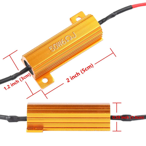 Gold anodized automotive 50W 6Ω load resistor with red and black wires, 2-inch long, angled front view