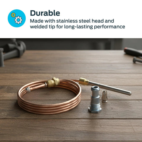Eastman 18-inch gas thermocouple with stainless steel head, copper tubing coil and brass fittings
