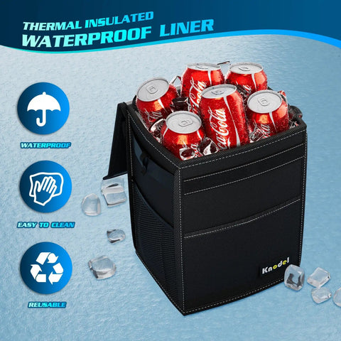 Leakproof 2 Gallon Car Trash Can With Lid Black Waterproof Organizer For Cars With Adjustable Straps That Mount Anywhere For A Clean Ride That Keeps Spills Contained Odors Locked Down filled with beverages and ice.