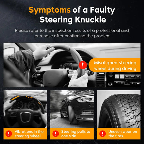 Symptoms of a faulty steering knuckle showing misaligned steering wheel, vibrations, vehicle pulling, and uneven tire wear.