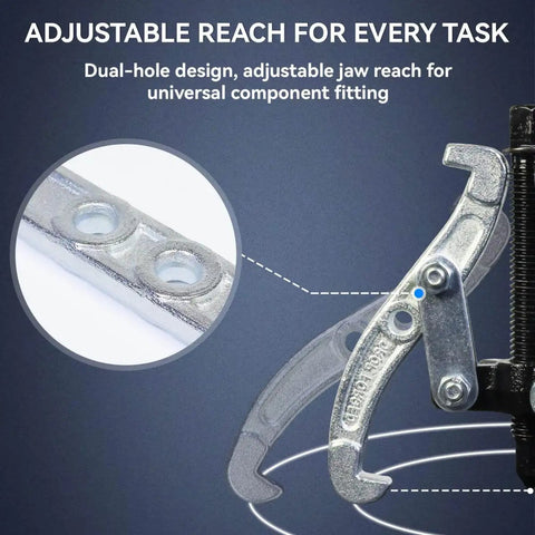 Close-up of Three Piece Reversible Jaw Gear Extractor Set adjustable reach feature with dual-hole design for universal fitting.
