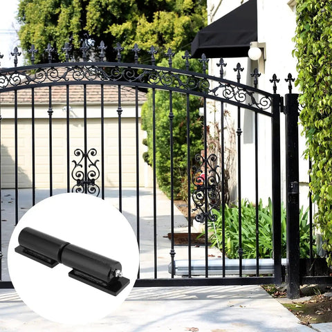 Image of Beefy 7 Inch Barrel Style Gate Hinges For Weld On Install 4 Piece Pack With Ball Bearing Pivot installed on a black gate.