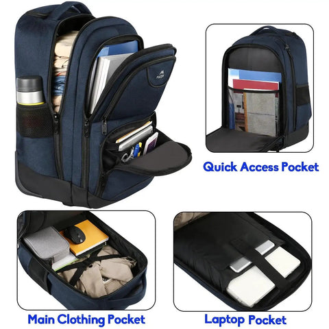 Open view of Rolling Laptop Backpack With Wheels For Men And Women Road Trip Ready Travel Carry On Luggage showing compartments and pockets.