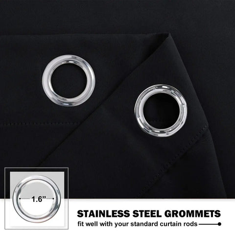 Close-up of grommets on RV Blackout Window Curtains Set Two Panels 29 Inch Wide Cafe Short Kitchen Drapes For Travel Trailer RV Bathroom Sunroom Privacy And Light Blocking Black.