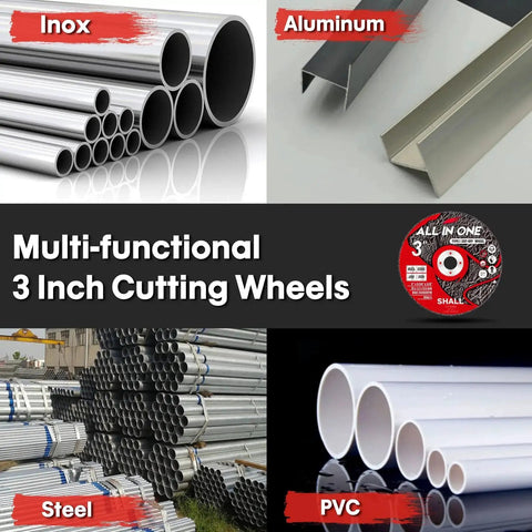 Image of multi-functional 3-inch cutting wheels for inox, aluminum, steel, and PVC materials.