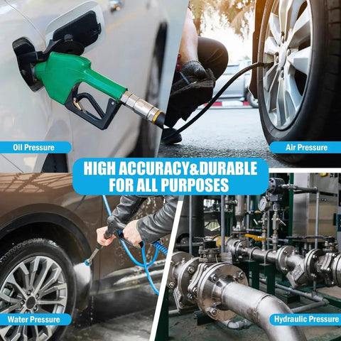 Collage showing oil, air, water, and hydraulic pressure applications with Zero To 100 PSI Liquid Filled Pressure Gauge for precise readings.