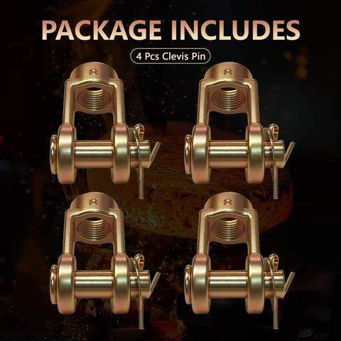 Beefy Heavy Duty Slack Adjuster Clevis Pin Kit, Four Pack with One Half Inch Pin Push Rod Clevis and Five Eighth Inch Female Thread Clevis Yoke, Standard Stroke shown in package.