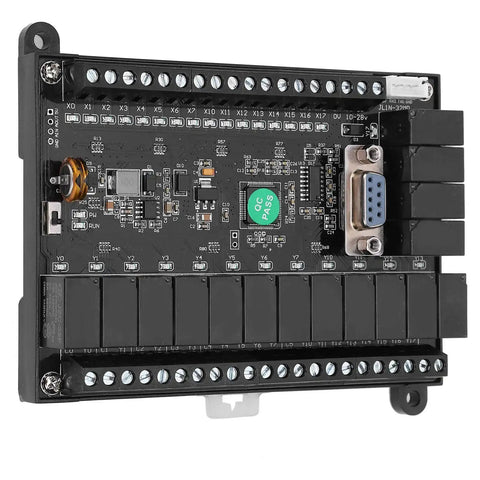 Front view of Compact PLC Control Board Programmable Controller Relay Delay Module for industrial automation, 10-28V DC power.