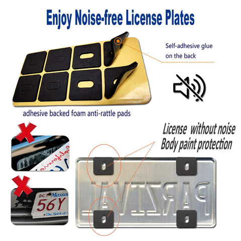 Anti Theft Black License Plate Screws Set For Cars Locking Bolts with adhesive-backed foam anti-rattle pads displayed.