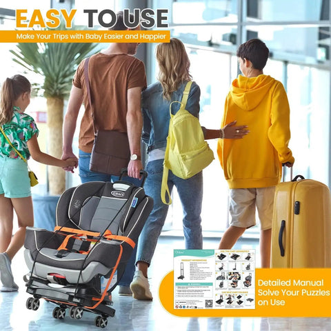 Family using Folding Car Seat Travel Cart With Four Wheels And Adjustable Handle; car seat secured, walking through airport with luggage.