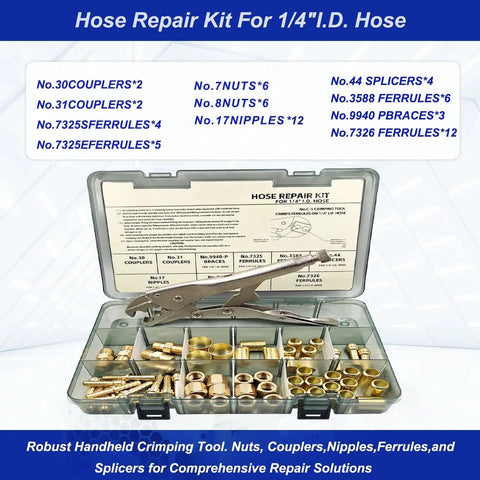 58 Piece Hose Repair Kit For 1/4 Inch I.D. Hoses With Crimp Tool And Fittings displayed in open case with various fittings